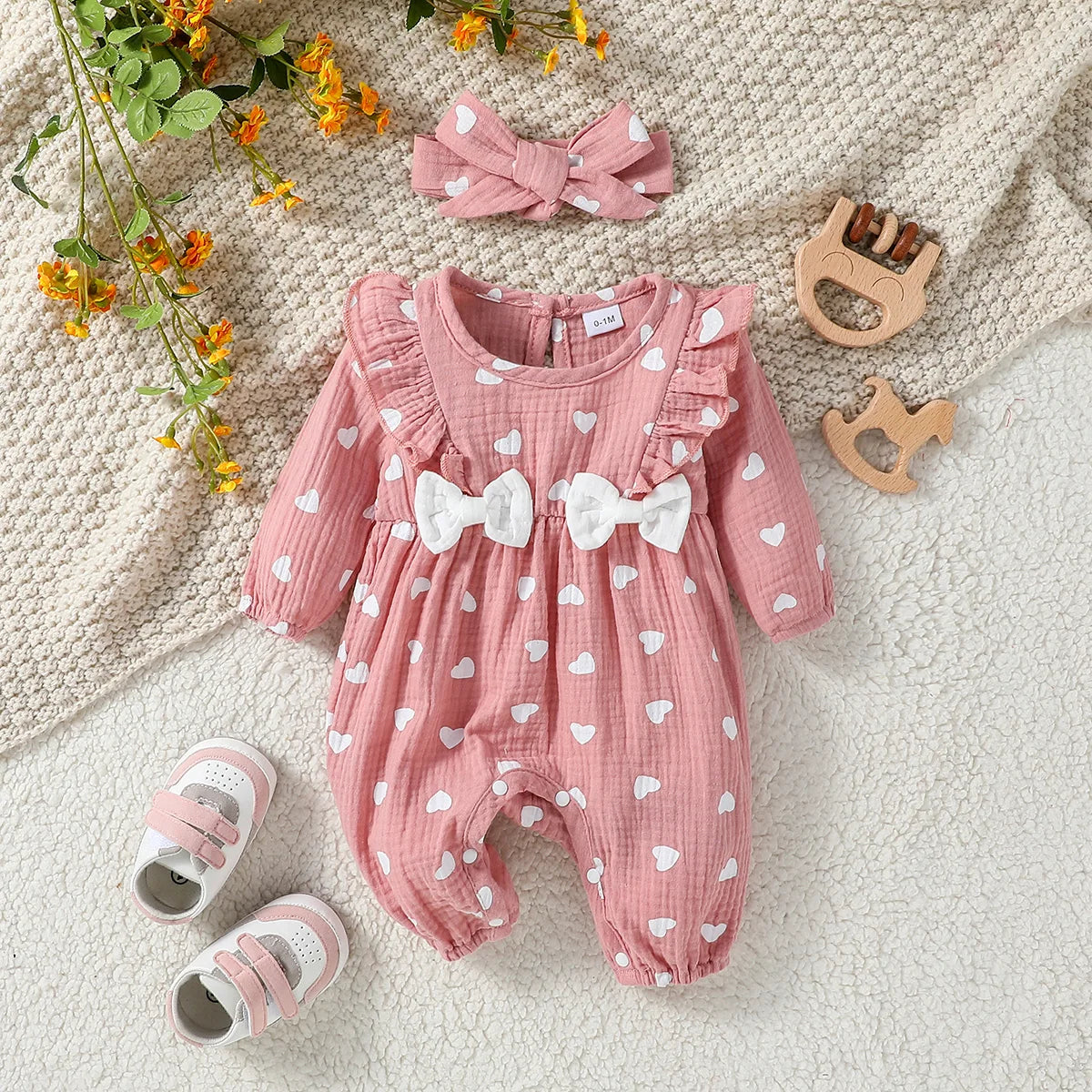 Combinaison Fleurie Manches Longues Bébé Fille + Bandeau – 100% Coton, 0-6M