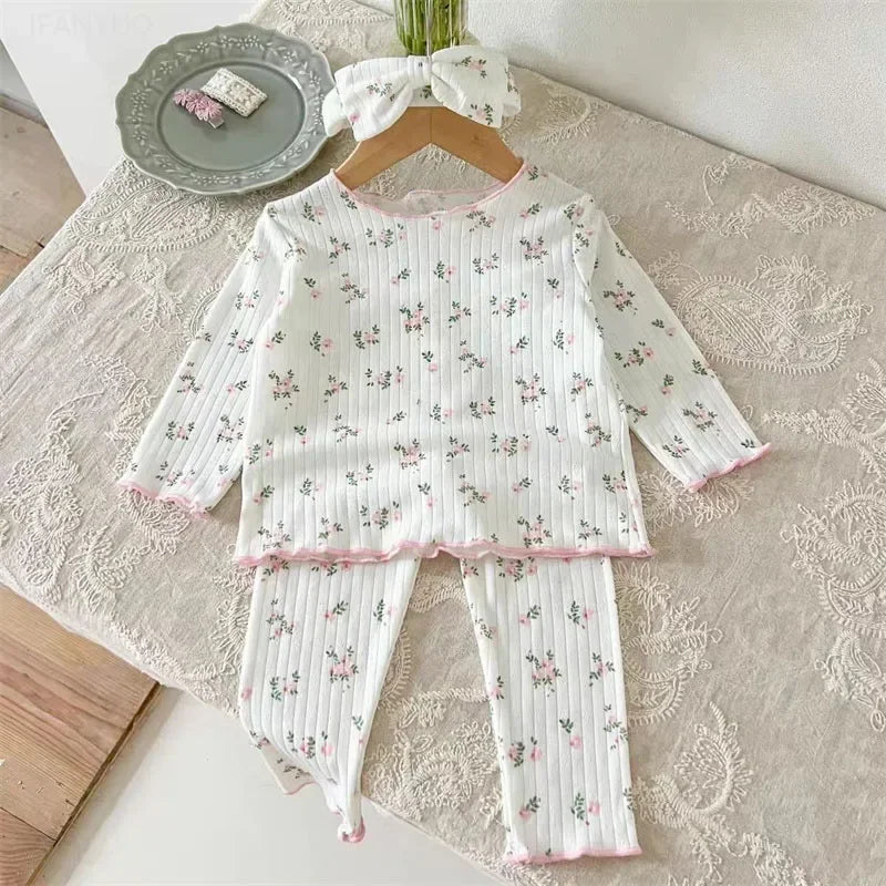 New Arrival Baby Girls Floral Print Cotton Pajama Set Long Sleeve Lace Trim Two Piece Sleepwear Autumn Homewear Infant Toddler