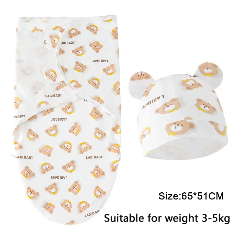 Set Lange Emmaillotage + Bonnet Coton Imprimé Bébé – Ajustable, 0-6 Mois