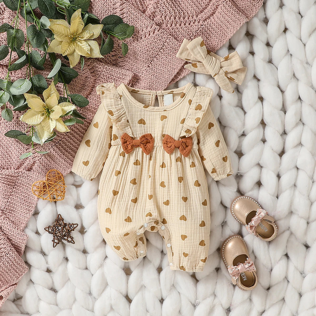 Combinaison Fleurie Manches Longues Bébé Fille + Bandeau – 100% Coton, 0-6M