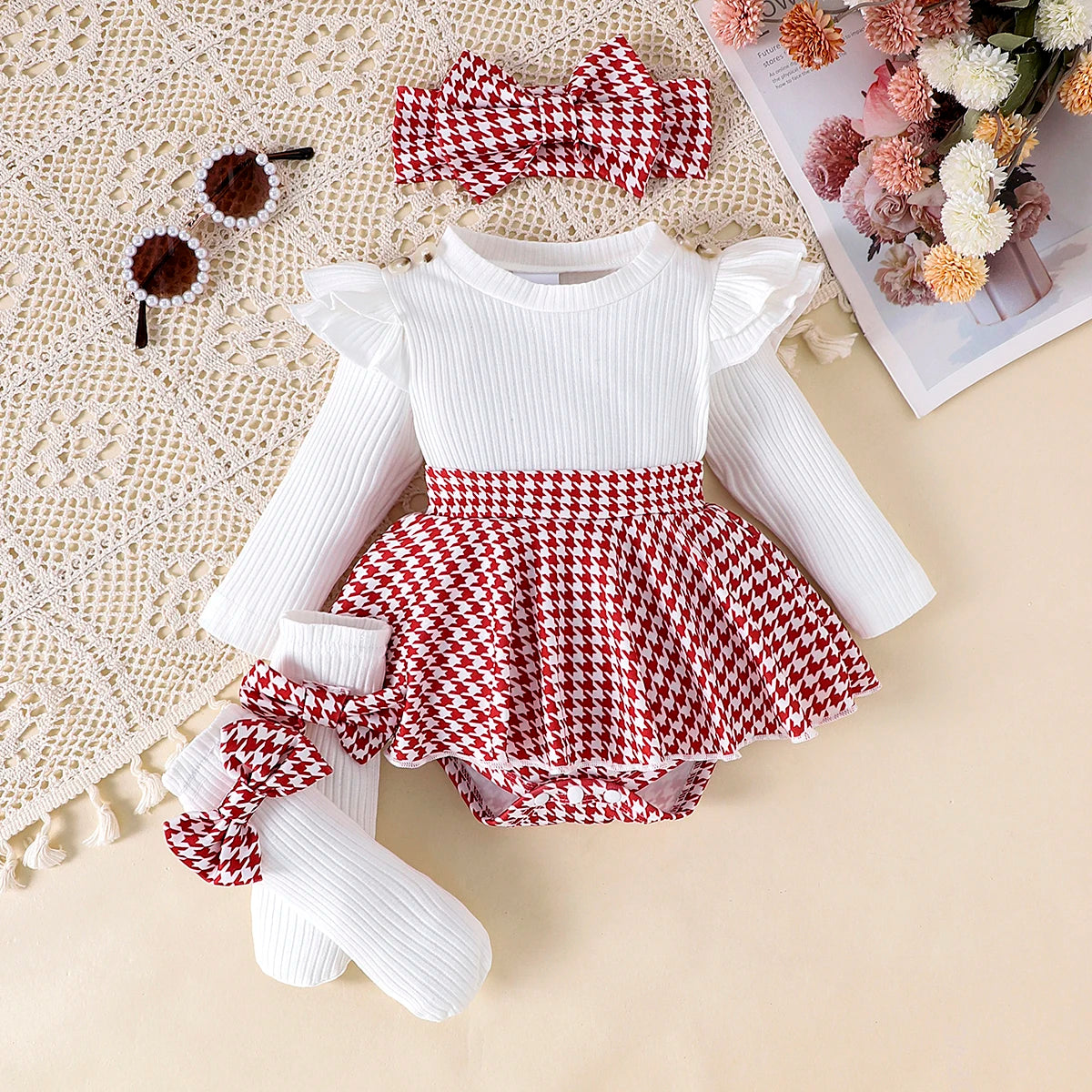 Ensemble 2 Pièces Bébé Fille Automne – Top Noir + Jupe Pied-de-Poule + Bandeau, 0-1 An