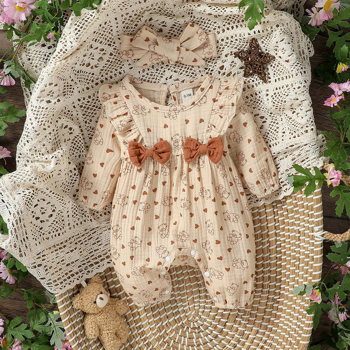 Combinaison Fleurie Manches Longues Bébé Fille + Bandeau – 100% Coton, 0-6M