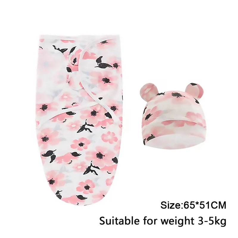 Set Lange Emmaillotage + Bonnet Coton Imprimé Bébé – Ajustable, 0-6 Mois