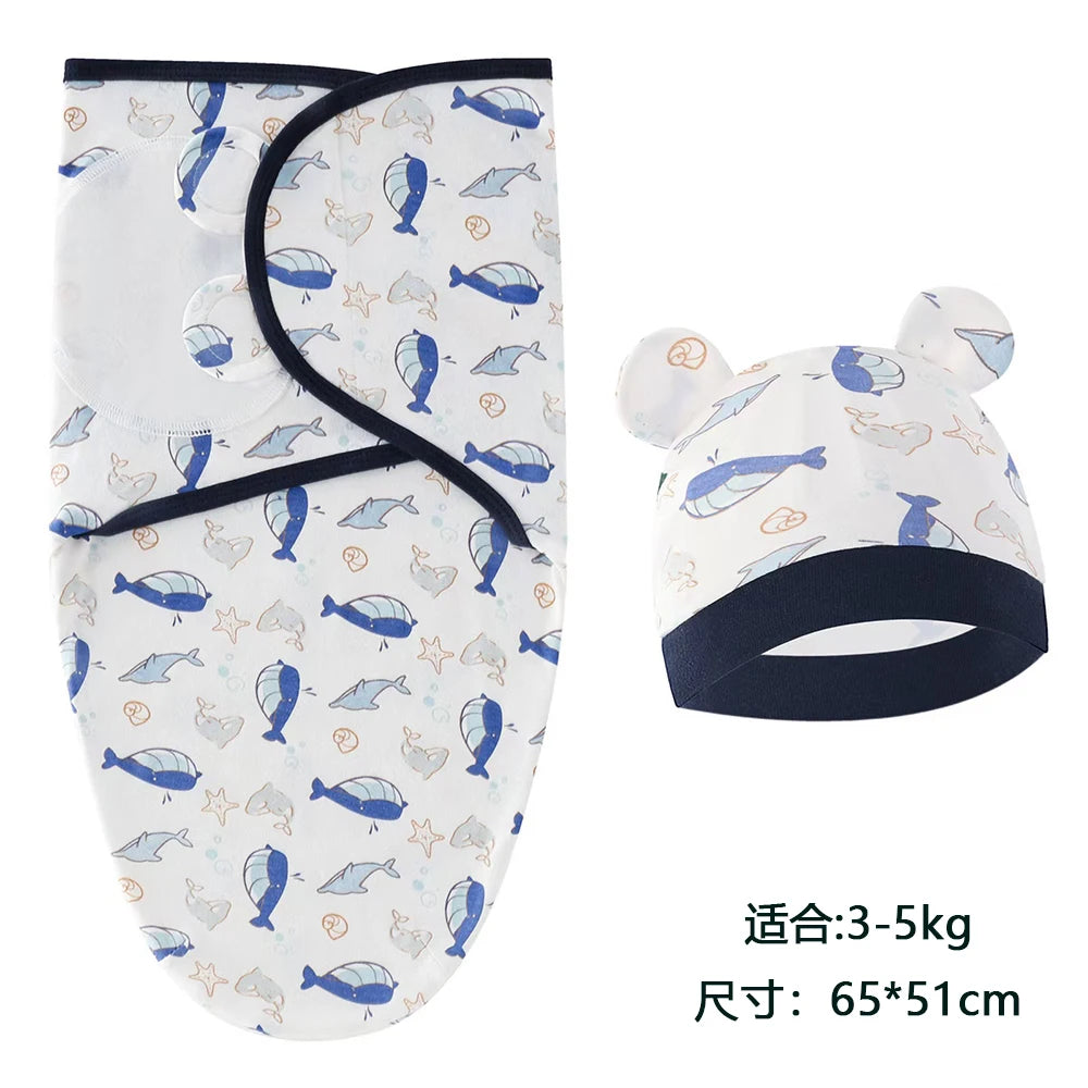 Set Lange Emmaillotage + Bonnet Coton Imprimé Bébé – Ajustable, 0-6 Mois