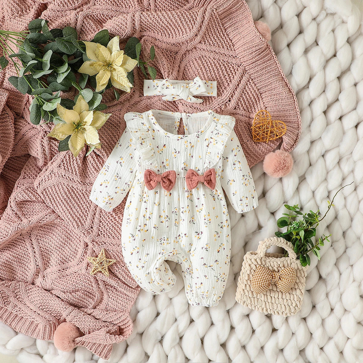 Combinaison Fleurie Manches Longues Bébé Fille + Bandeau – 100% Coton, 0-6M