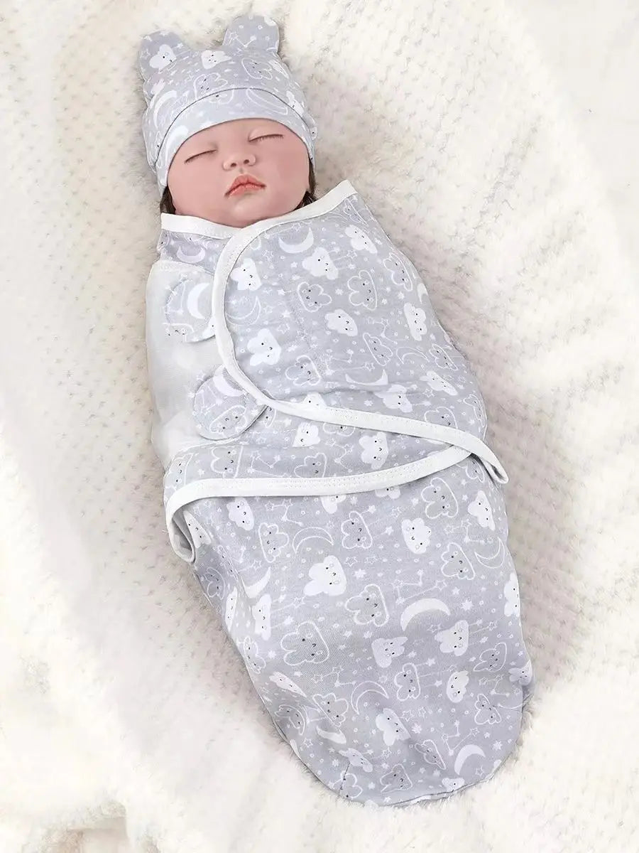 Set Lange Emmaillotage + Bonnet Coton Imprimé Bébé – Ajustable, 0-6 Mois