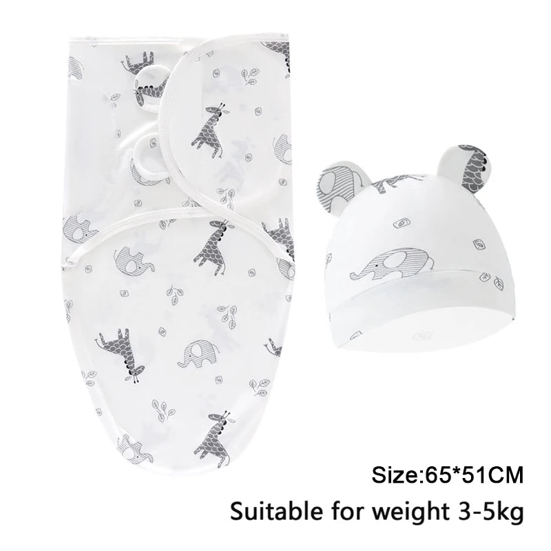 Set Lange Emmaillotage + Bonnet Coton Imprimé Bébé – Ajustable, 0-6 Mois