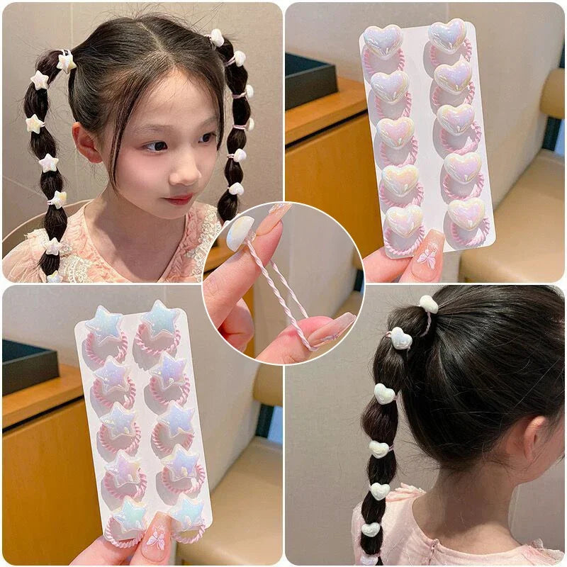 Lot de 10 Élastiques Cheveux Cartoon Coeur & Étoile pour Enfant – Résine & Tissu