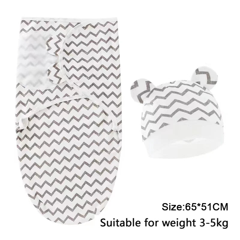 Set Lange Emmaillotage + Bonnet Coton Imprimé Bébé – Ajustable, 0-6 Mois