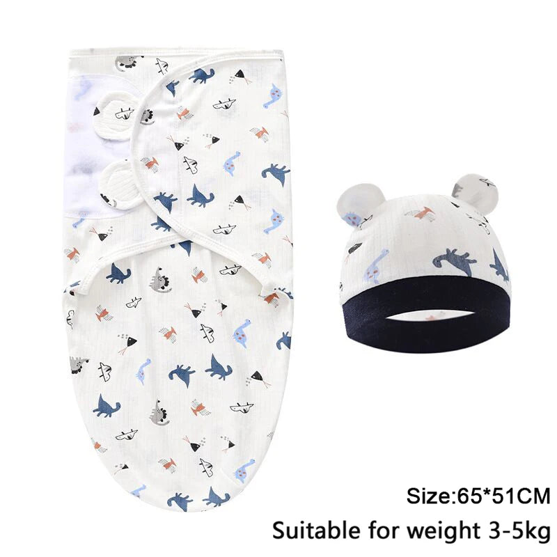 Set Lange Emmaillotage + Bonnet Coton Imprimé Bébé – Ajustable, 0-6 Mois