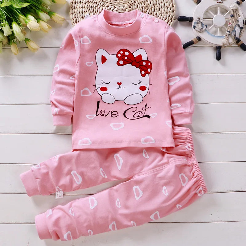 Ensemble Pyjama Coton Cartoon Fille Bébé – 2 Pièces, 5 Tailles 6M-5 Ans