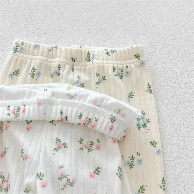 ‌New Arrival Baby Girls Floral Print Cotton Pajama Set Long Sleeve Lace Trim Two Piece Sleepwear Autumn Homewear Infant Toddler‌
