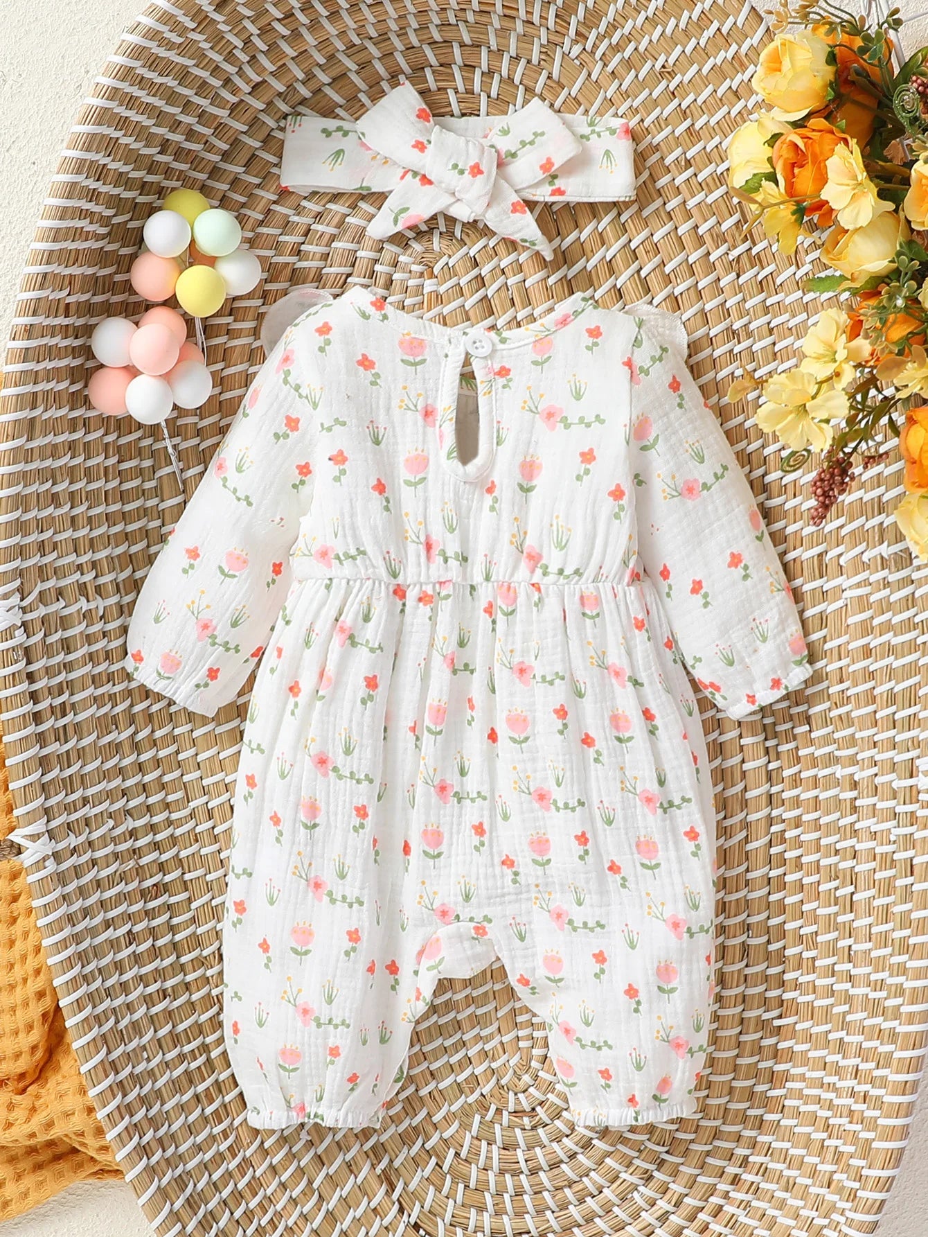 Combinaison Fleurie Manches Longues Bébé Fille + Bandeau – 100% Coton, 0-6M