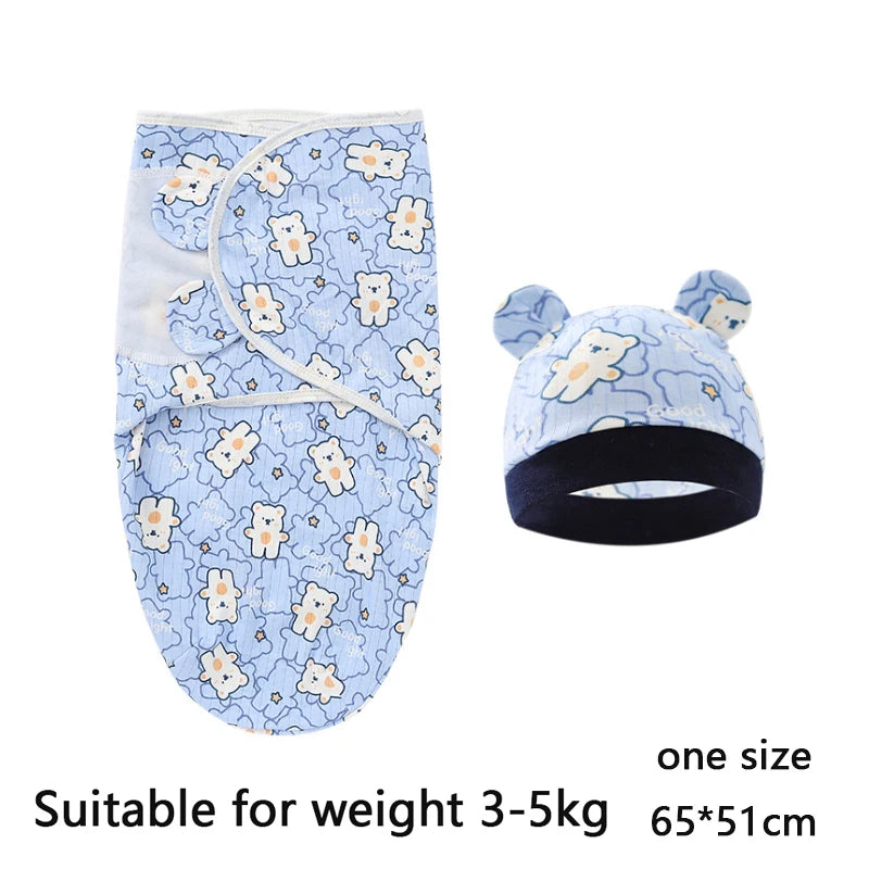 Set Lange Emmaillotage + Bonnet Coton Imprimé Bébé – Ajustable, 0-6 Mois