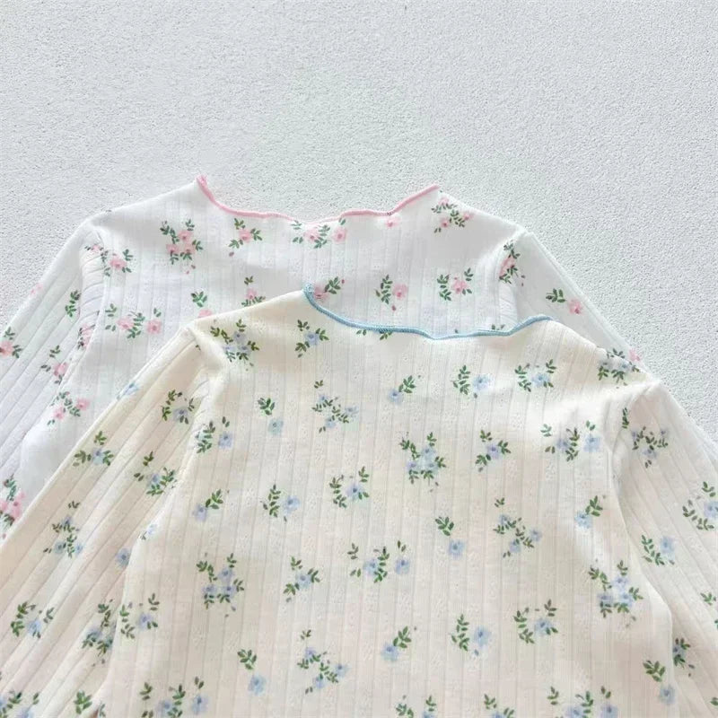 ‌New Arrival Baby Girls Floral Print Cotton Pajama Set Long Sleeve Lace Trim Two Piece Sleepwear Autumn Homewear Infant Toddler‌