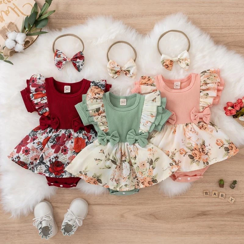 Robe Été Fleurie avec Noeud Bébé Fille – Coton & Élastane, 0-18 Mois