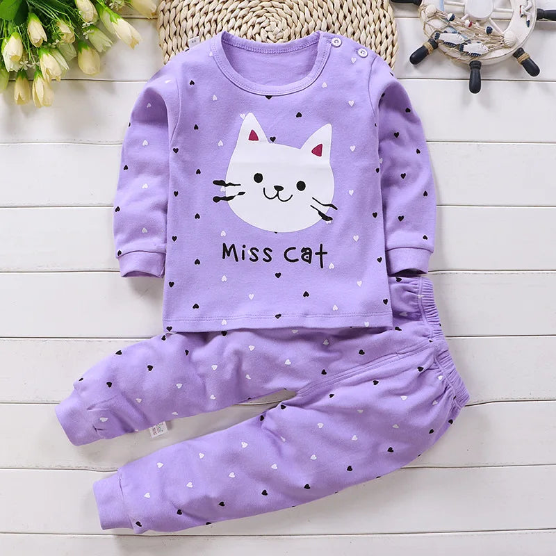 Ensemble Pyjama Coton Cartoon Fille Bébé – 2 Pièces, 5 Tailles 6M-5 Ans