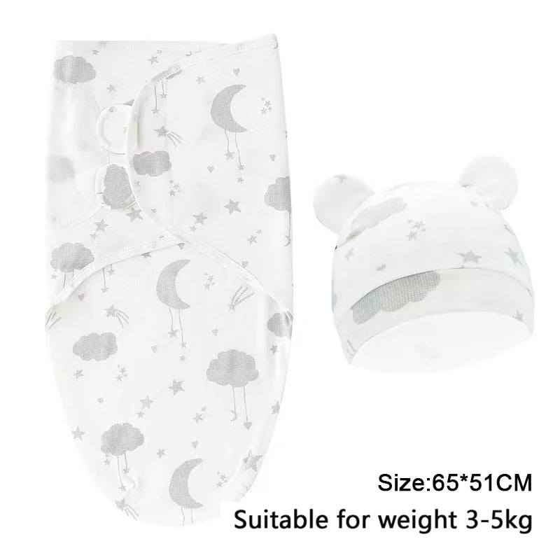 Set Lange Emmaillotage + Bonnet Coton Imprimé Bébé – Ajustable, 0-6 Mois
