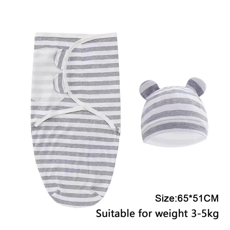 Set Lange Emmaillotage + Bonnet Coton Imprimé Bébé – Ajustable, 0-6 Mois