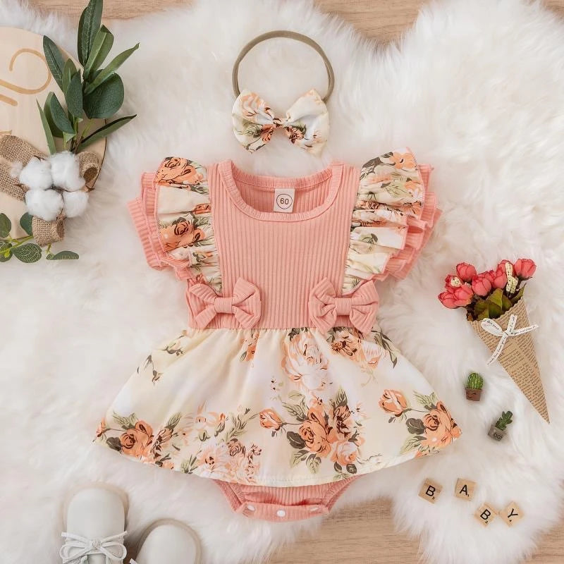Robe Été Fleurie avec Noeud Bébé Fille – Coton & Élastane, 0-18 Mois