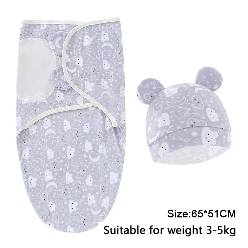 Set Lange Emmaillotage + Bonnet Coton Imprimé Bébé – Ajustable, 0-6 Mois
