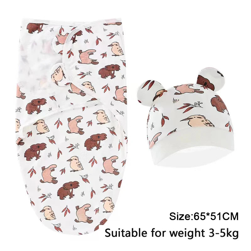 Set Lange Emmaillotage + Bonnet Coton Imprimé Bébé – Ajustable, 0-6 Mois