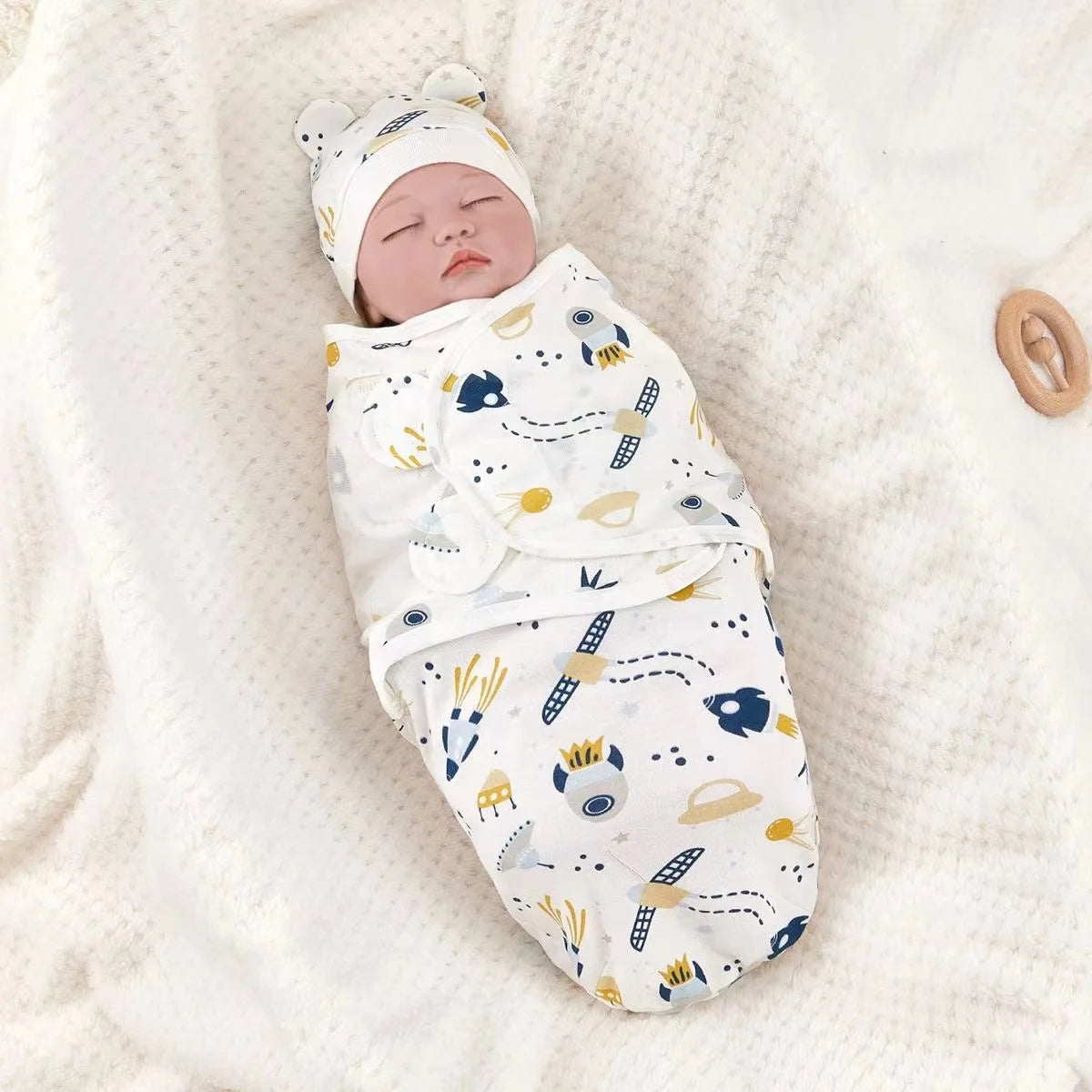 Set Lange Emmaillotage + Bonnet Coton Imprimé Bébé – Ajustable, 0-6 Mois