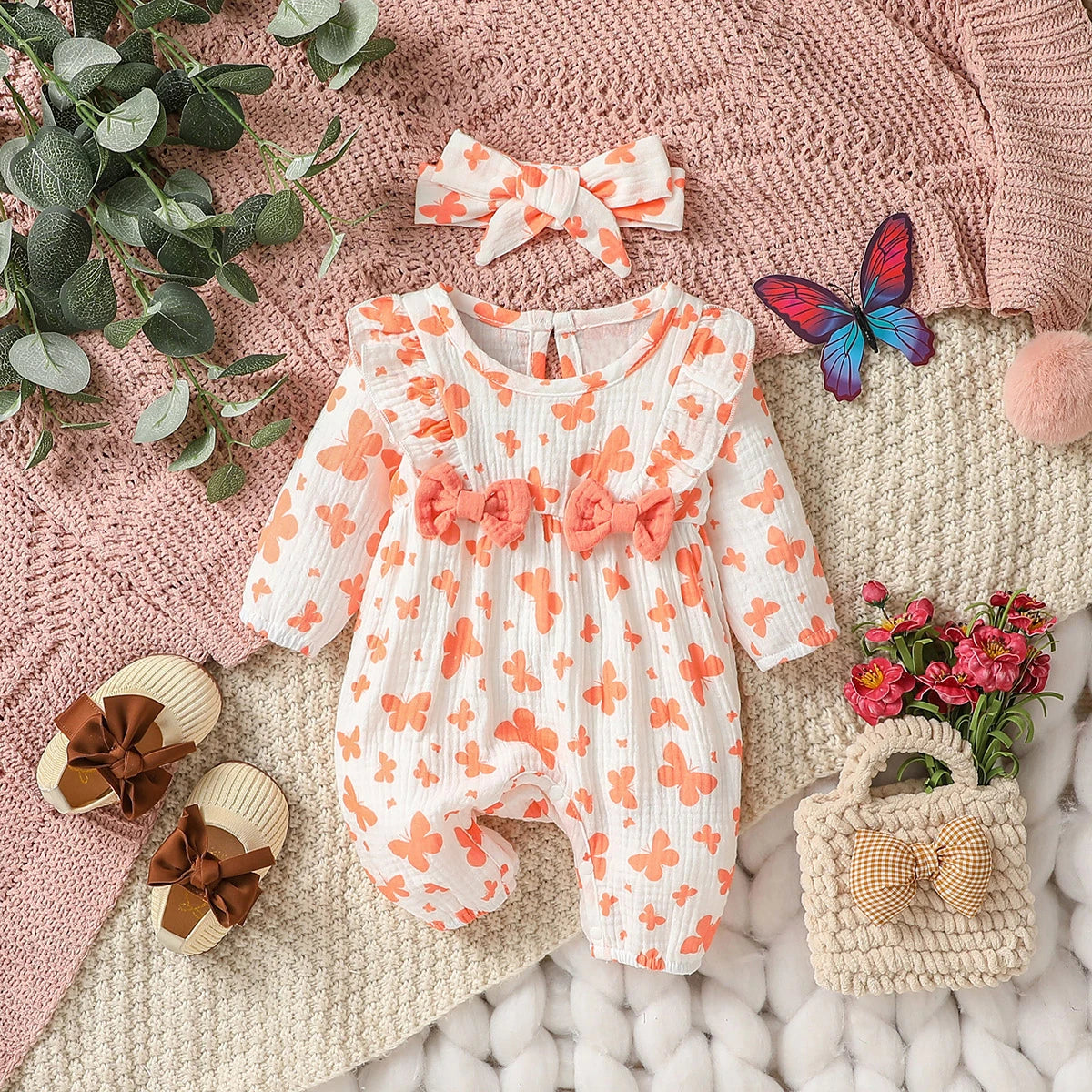 Combinaison Fleurie Manches Longues Bébé Fille + Bandeau – 100% Coton, 0-6M