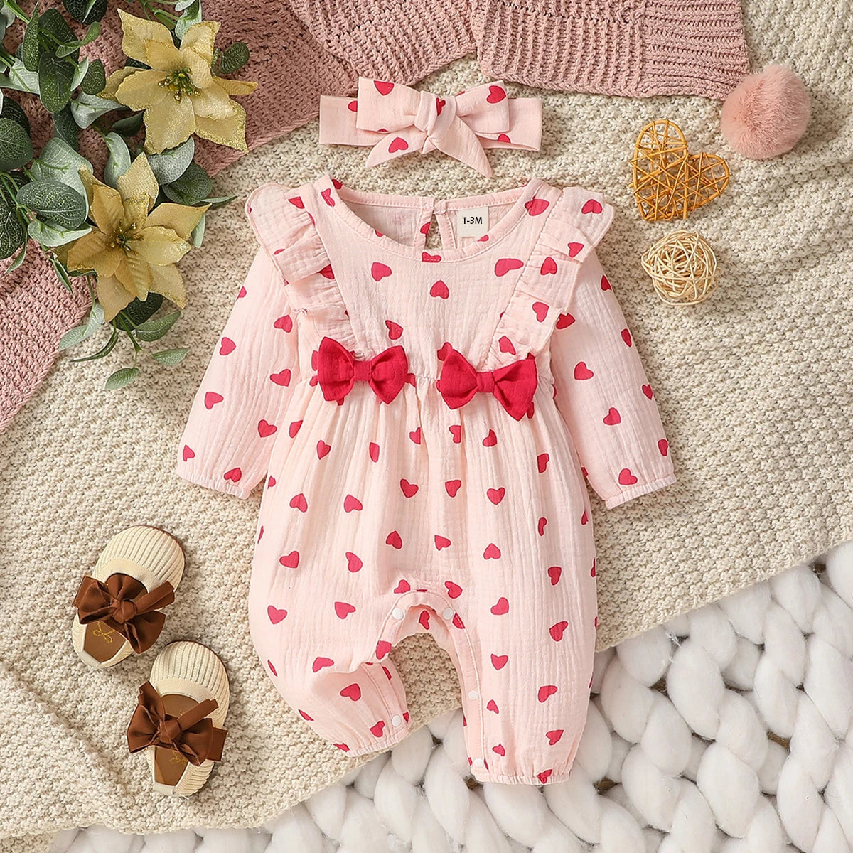 Combinaison Fleurie Manches Longues Bébé Fille + Bandeau – 100% Coton, 0-6M