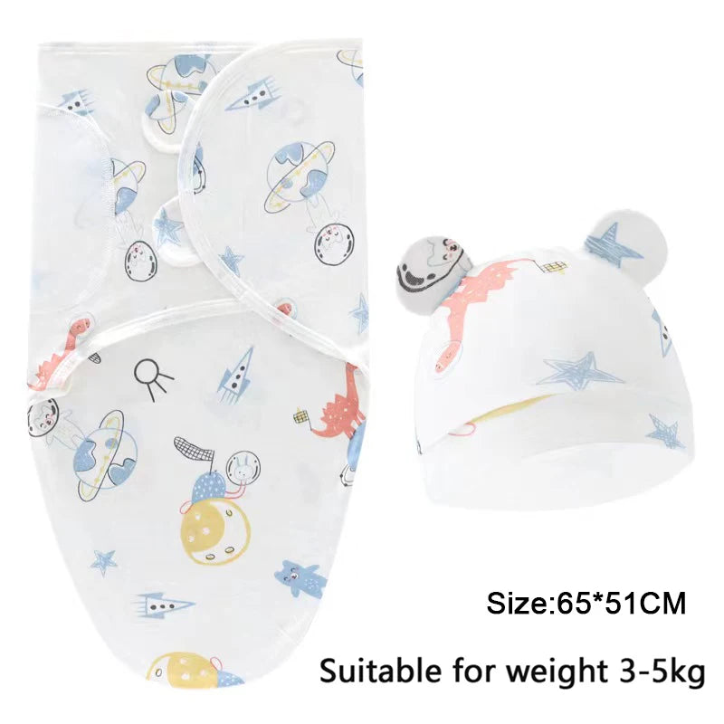 Set Lange Emmaillotage + Bonnet Coton Imprimé Bébé – Ajustable, 0-6 Mois
