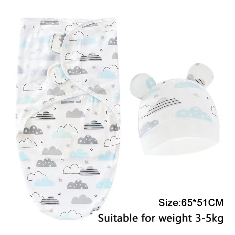 Set Lange Emmaillotage + Bonnet Coton Imprimé Bébé – Ajustable, 0-6 Mois