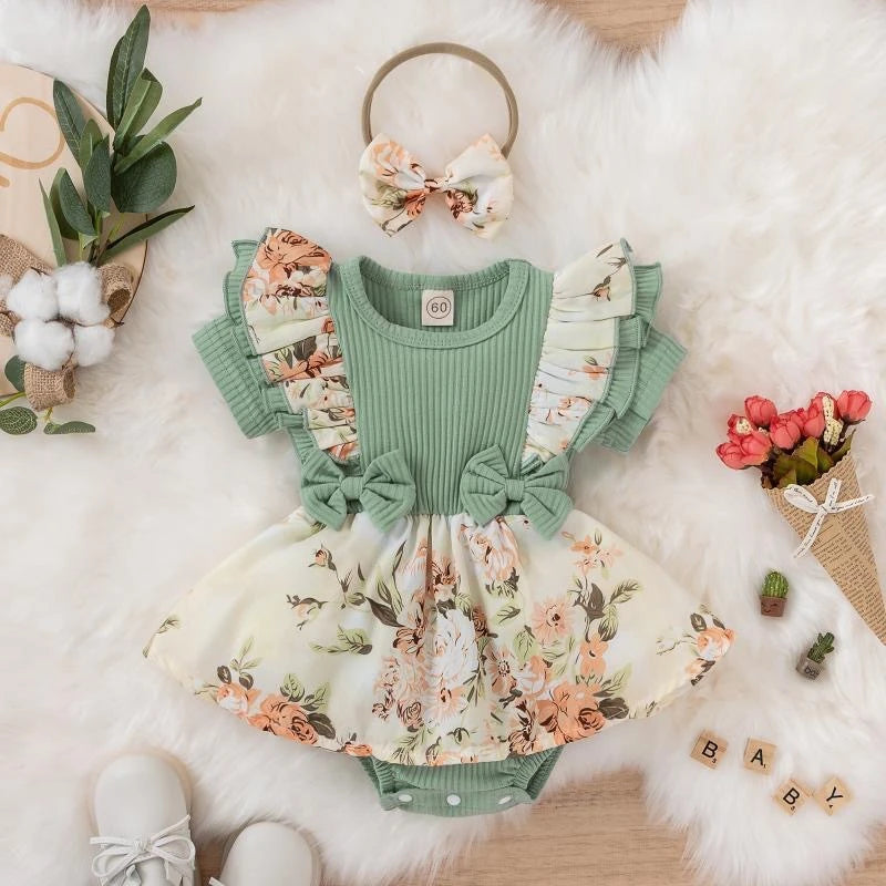 Robe Été Fleurie avec Noeud Bébé Fille – Coton & Élastane, 0-18 Mois