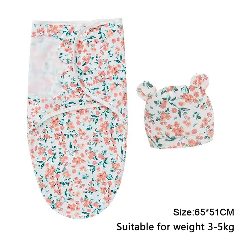 Set Lange Emmaillotage + Bonnet Coton Imprimé Bébé – Ajustable, 0-6 Mois