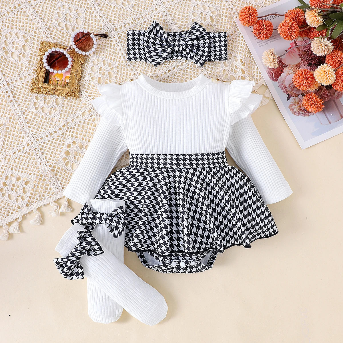 Ensemble 2 Pièces Bébé Fille Automne – Top Noir + Jupe Pied-de-Poule + Bandeau, 0-1 An