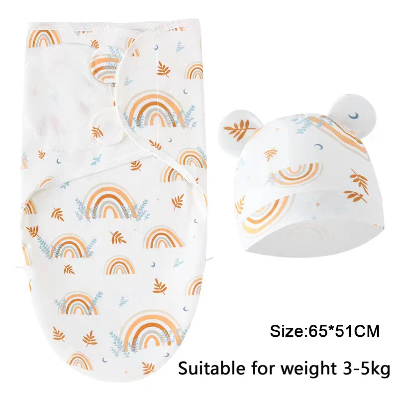 Set Lange Emmaillotage + Bonnet Coton Imprimé Bébé – Ajustable, 0-6 Mois