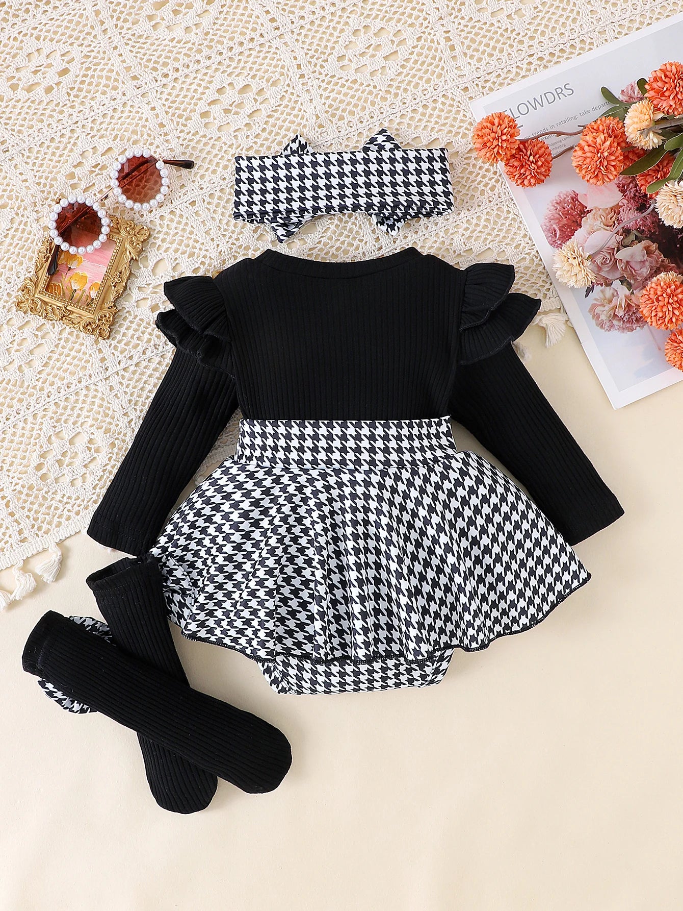 Ensemble 2 Pièces Bébé Fille Automne – Top Noir + Jupe Pied-de-Poule + Bandeau, 0-1 An