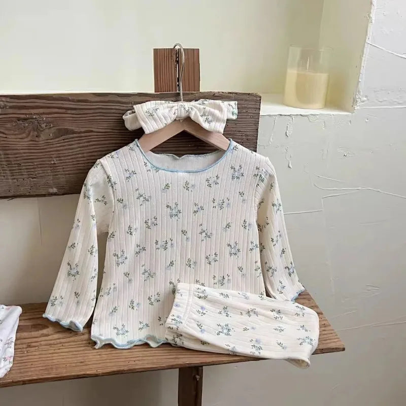‌New Arrival Baby Girls Floral Print Cotton Pajama Set Long Sleeve Lace Trim Two Piece Sleepwear Autumn Homewear Infant Toddler‌