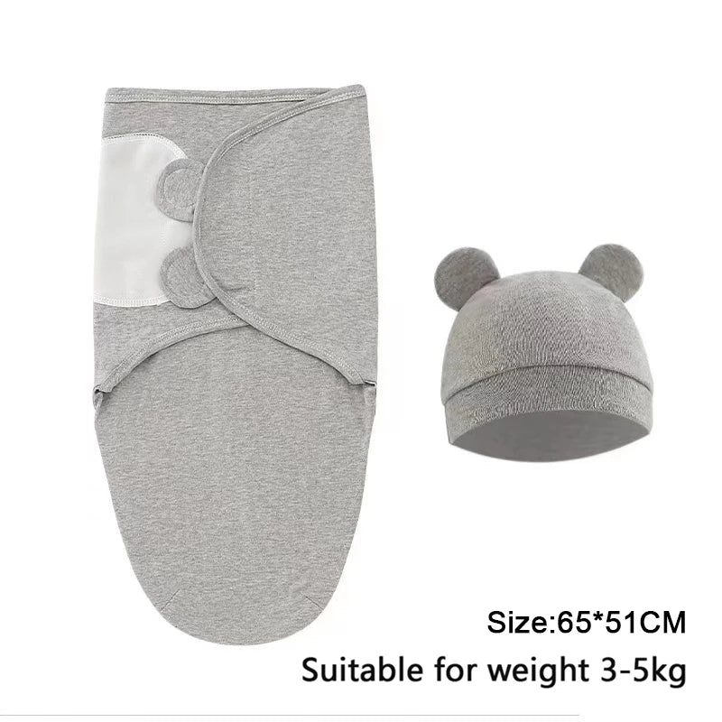 Set Lange Emmaillotage + Bonnet Coton Imprimé Bébé – Ajustable, 0-6 Mois