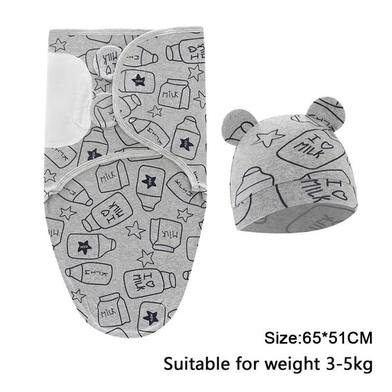 Set Lange Emmaillotage + Bonnet Coton Imprimé Bébé – Ajustable, 0-6 Mois