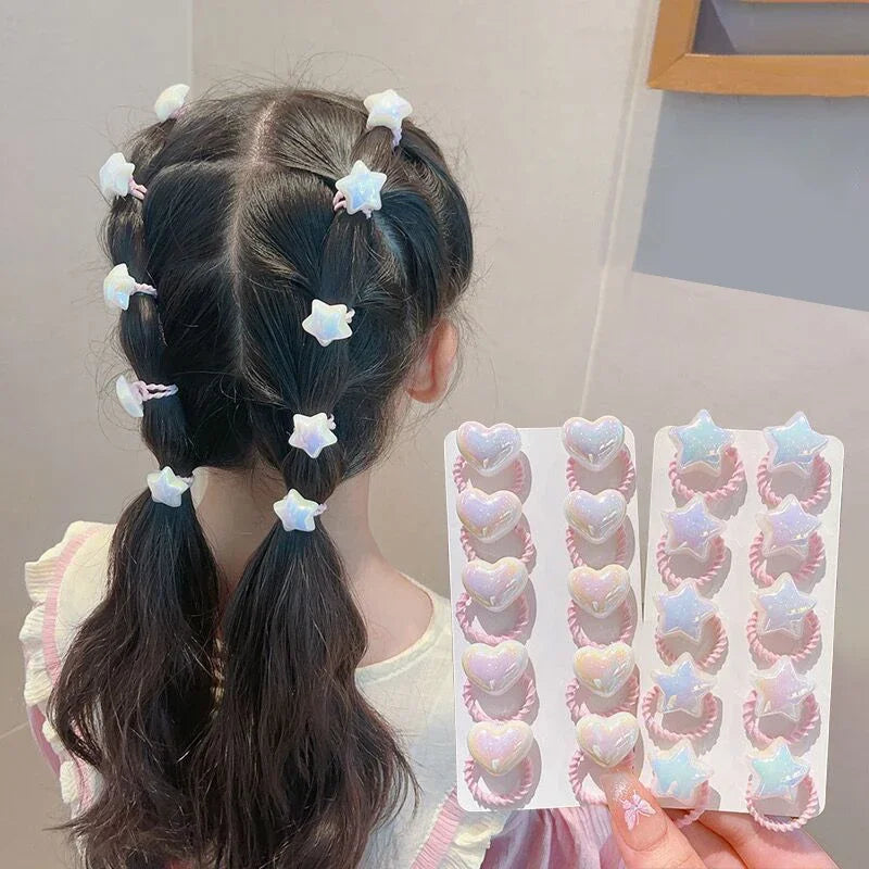 Lot de 10 Élastiques Cheveux Cartoon Coeur & Étoile pour Enfant – Résine & Tissu