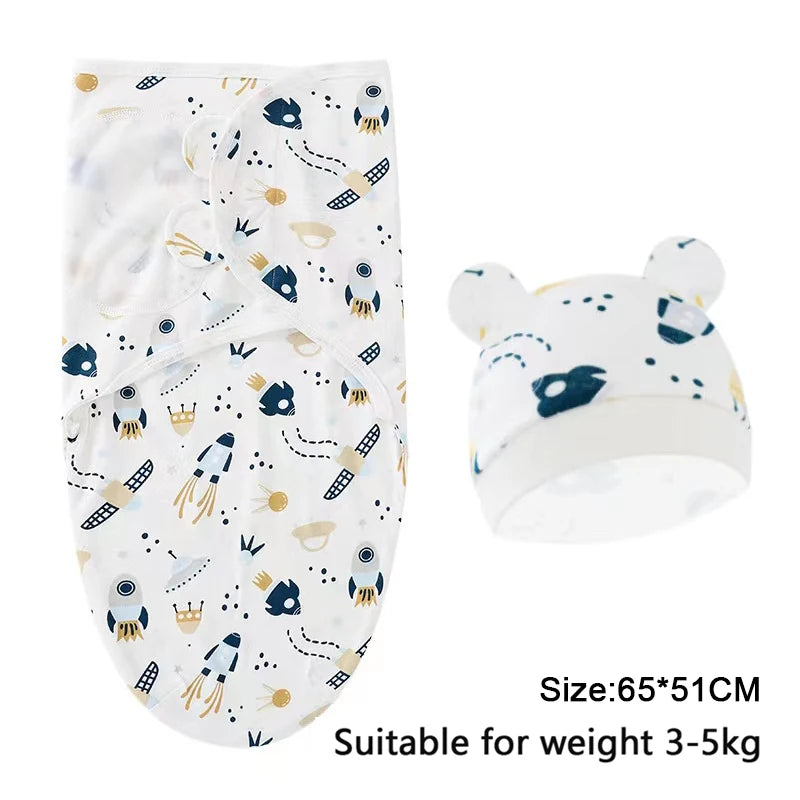 Set Lange Emmaillotage + Bonnet Coton Imprimé Bébé – Ajustable, 0-6 Mois