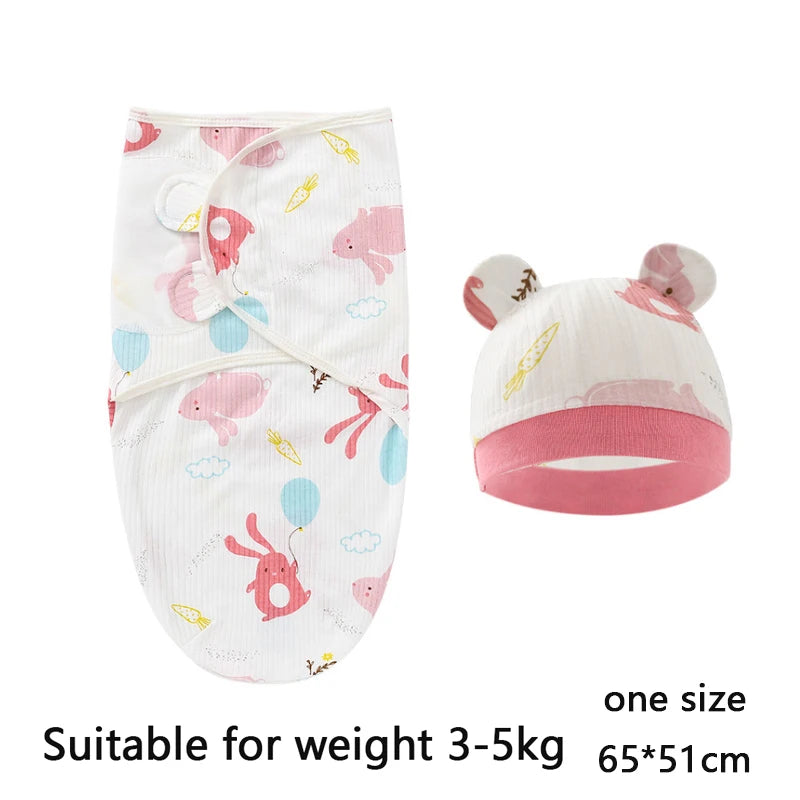 Set Lange Emmaillotage + Bonnet Coton Imprimé Bébé – Ajustable, 0-6 Mois