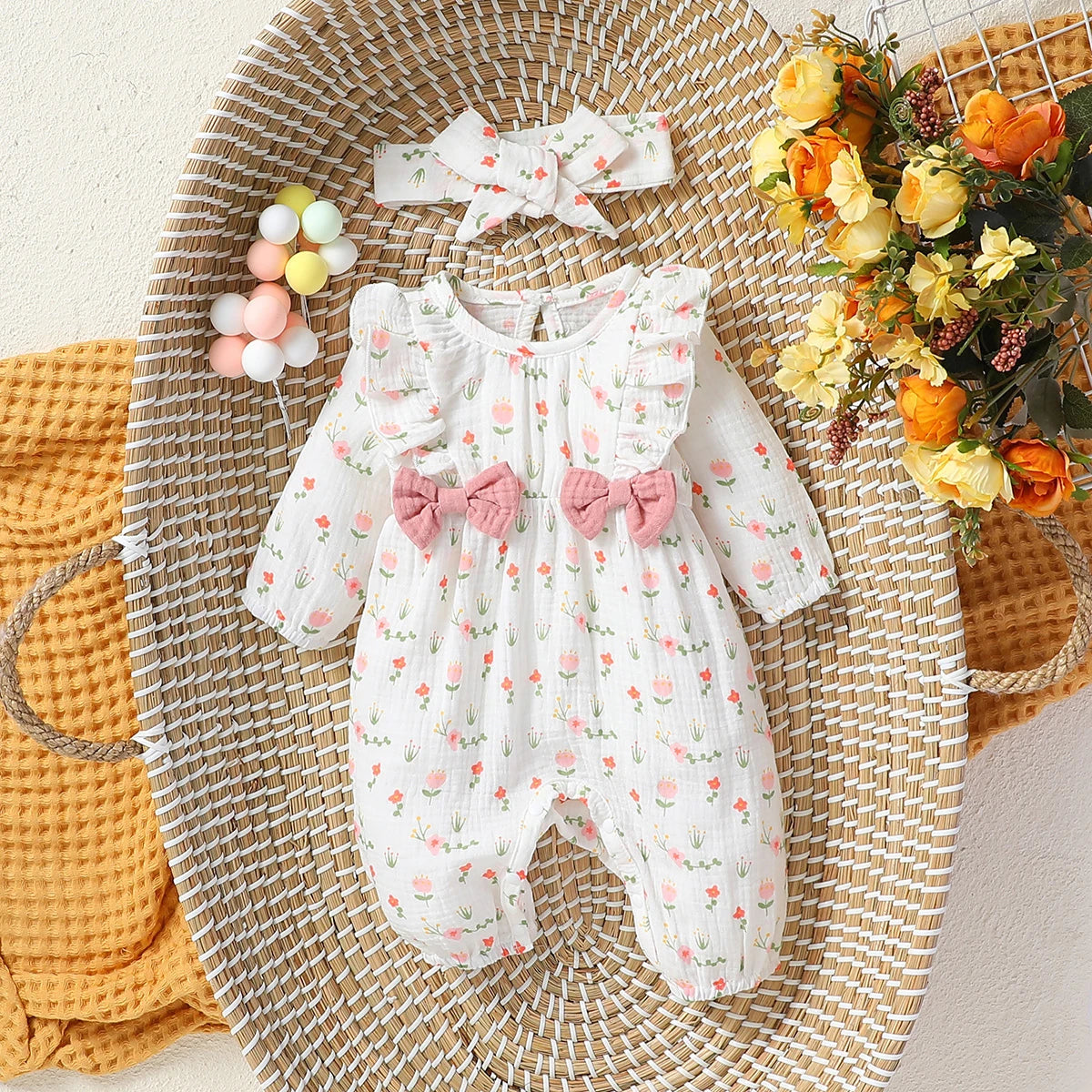 Combinaison Fleurie Manches Longues Bébé Fille + Bandeau – 100% Coton, 0-6M