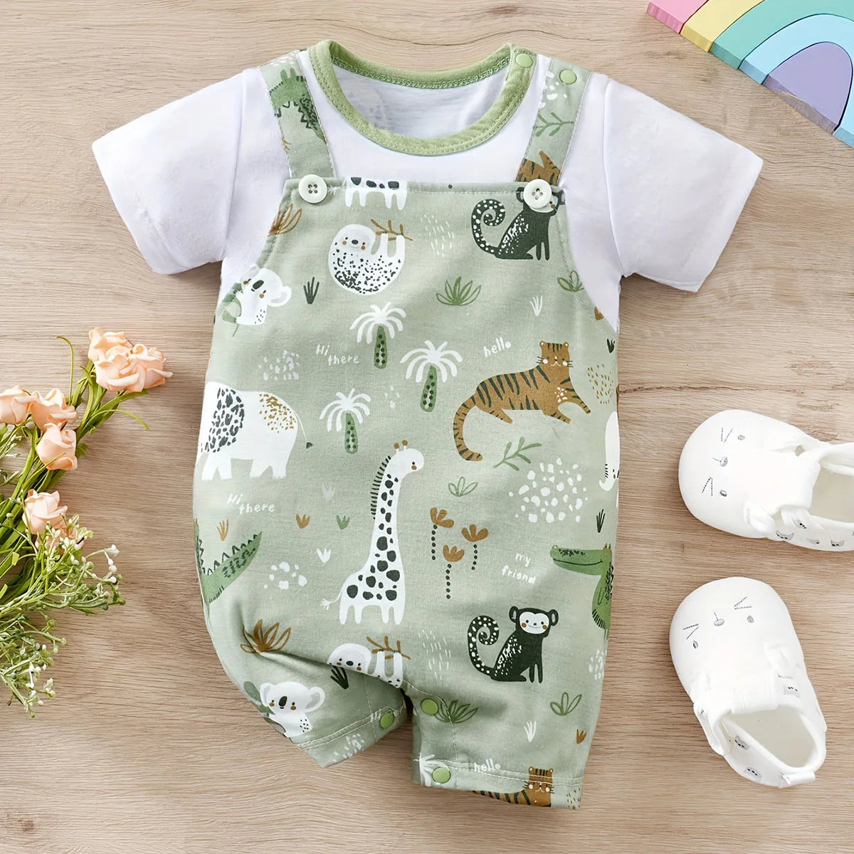 Body Animaux Zoo Manches Courtes Garçon Bébé – 97% Polyester, 5 Tailles 0-18 Mois