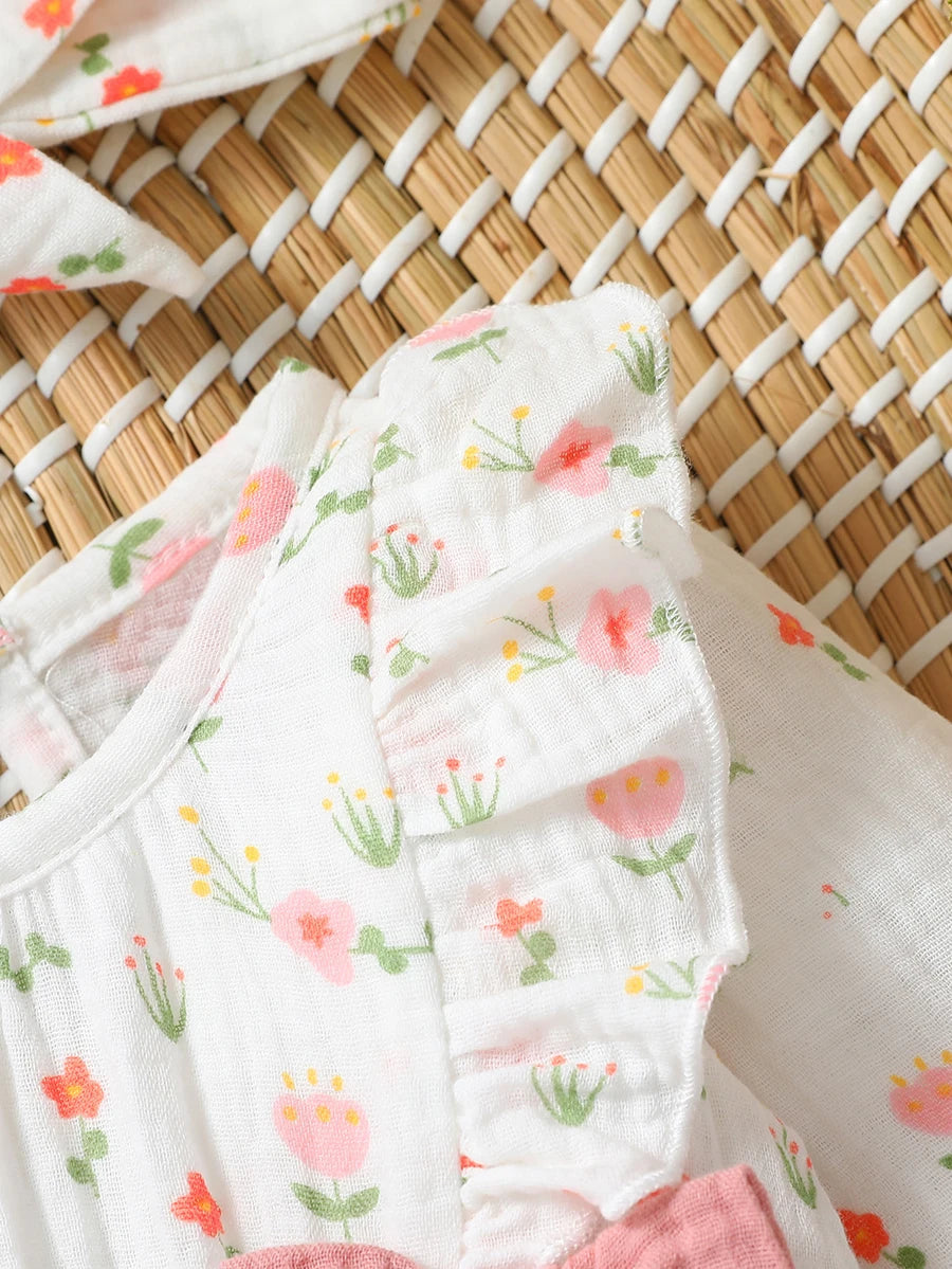 Combinaison Fleurie Manches Longues Bébé Fille + Bandeau – 100% Coton, 0-6M