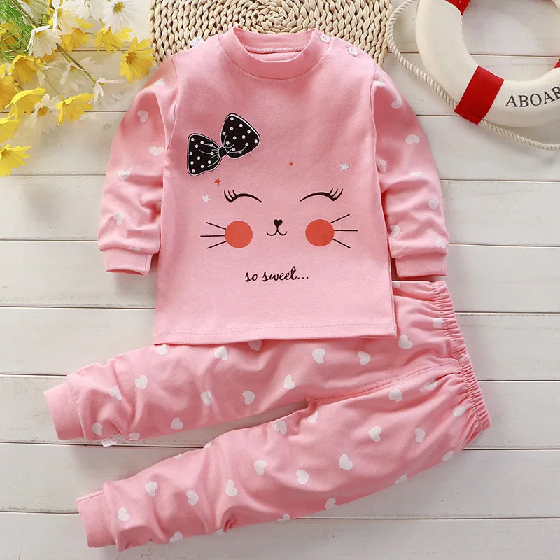 Ensemble Pyjama Coton Cartoon Fille Bébé – 2 Pièces, 5 Tailles 6M-5 Ans