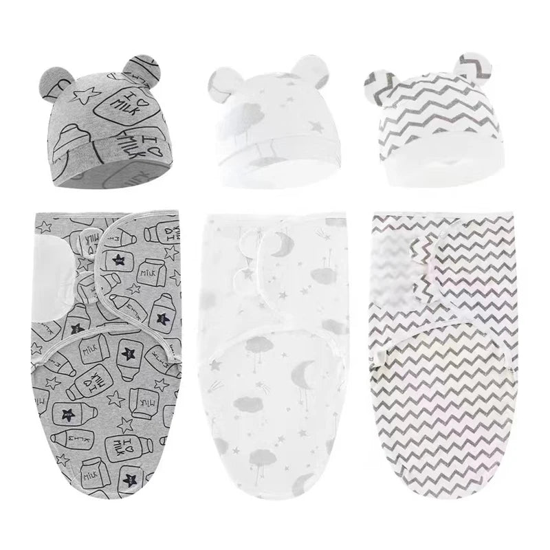 Set Lange Emmaillotage + Bonnet Coton Imprimé Bébé – Ajustable, 0-6 Mois