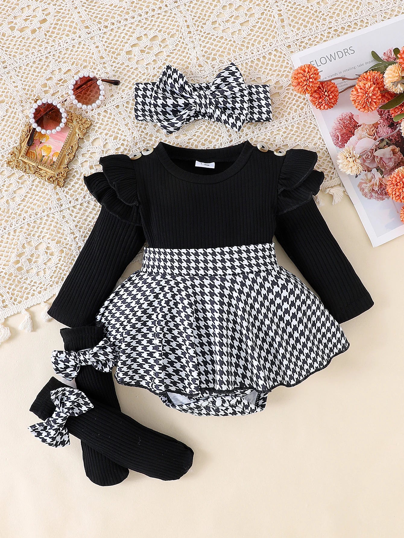 Ensemble 2 Pièces Bébé Fille Automne – Top Noir + Jupe Pied-de-Poule + Bandeau, 0-1 An