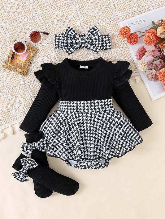 Ensemble 2 Pièces Bébé Fille Automne – Top Noir + Jupe Pied-de-Poule + Bandeau, 0-1 An