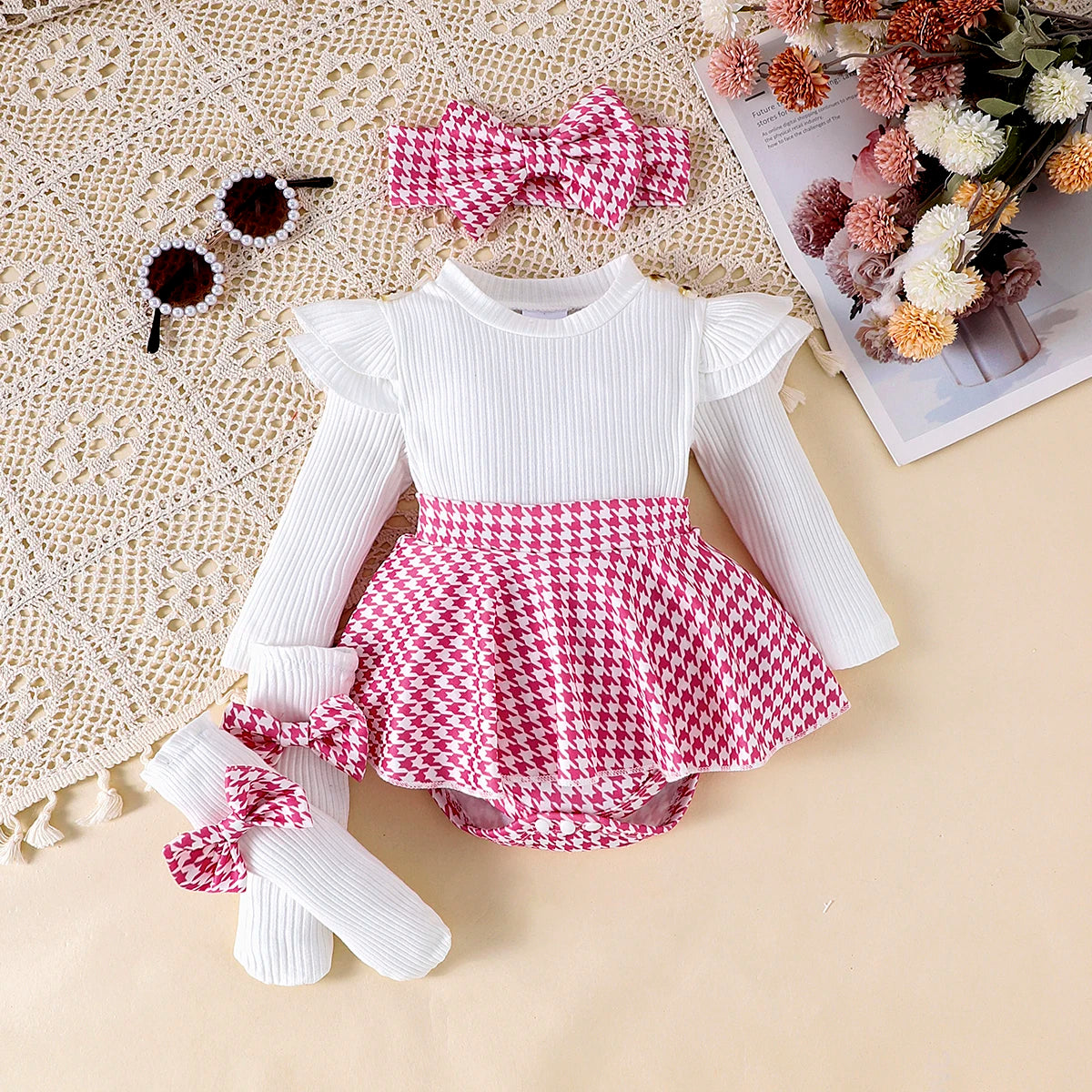 Ensemble 2 Pièces Bébé Fille Automne – Top Noir + Jupe Pied-de-Poule + Bandeau, 0-1 An